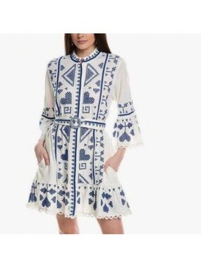 Farm Rio Blue And White Cross Stitch Mini Dress NWT